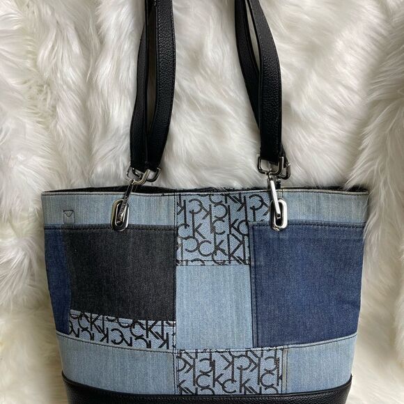 Calvin Klein gray and Bleu denim logo with black synthetic trim large tote - Picture 5 of 15